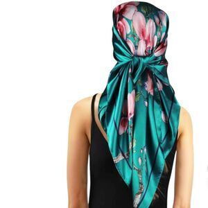 Vabovin‎ Womens Scarf 35" Square Cherry Blossom Teal Polyester Satin Hair Scarf